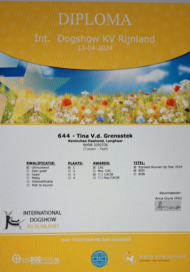 13-4-2024 Certificaat Int.  dogshow Rijnland